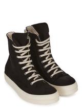 A pair of black brushed-cotton high-top sneakers with milk-white laces, an inner side zip and a chunky milk rubber cupsole, shown from a three-quarter front angle on a plain white background.