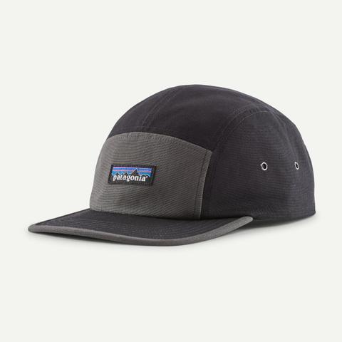 A black Patagonia five-panel cap with a P-6 logo label