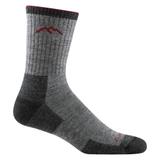 A single Darn Tough Hiker Micro Crew midweight hiking sock in Charcoal, shown in side profile on a white background. It has a heathered gray body with darker charcoal heel, toe and cuff, a red-striped cuff edge, a red mountain logo, and red Darn Tough lettering near the toe.