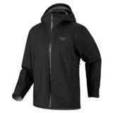 A men's black Arc'teryx Beta SL waterproof shell jacket, shown from the front on a white background, with the hood up, a full-length front zip, two zippered hand pockets and a grey embroidered Arc'teryx bird logo on the chest.