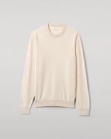 A men's plain cream (Champagne) cashmere crewneck sweater laid flat, front facing, on a plain pale-grey background, with ribbed collar, cuffs and hem and no exterior logo.