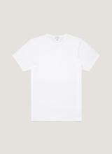 A men's plain white crew-neck T-shirt with short sleeves, laid flat on a light-grey background, with no print or logo.