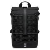 A black Chrome Barrage roll-top backpack shown from the front on a white background, its roll-top closed and buckled with a vertical centre strap bearing a reflective stripe, a grid of cargo webbing across the front, and a white Chrome logo patch on the lower panel.