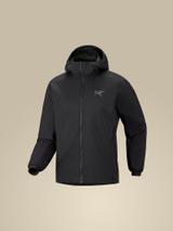 A black Arc'teryx Atom Hoody shown on an invisible mannequin in a three-quarter front view against a plain warm beige background. The insulated hooded jacket is fully zipped and has a subtle grey bird logo on the left chest, side panels running down the torso, and elastic cuffs.
