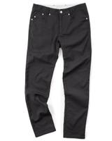 A pair of black slim straight-leg five-pocket trousers laid flat on a white background, front view, with silver rivets, a snap button closure, and light grey lining visible inside the waistband.