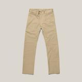 A pair of khaki twill chinos laid flat on a stone-grey surface, shown from the front with a waistband, single button closure, belt loops, slant pockets and a plain, pleat-free front with straight legs.
