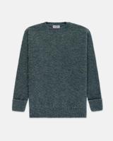A J. Press Shaggy Dog brushed Shetland crewneck sweater in lovat blue-green heather, laid flat on a pale grey background, shown from the front with turned-back cuffs and a ribbed hem.