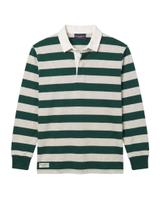 A Rowing Blazers long-sleeve rugby shirt with wide green and heather-grey hoops, a white collar, a white button placket and green ribbed cuffs, shown flat from the front on a white background.