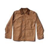 A camel-brown canvas chore jacket laid flat on a white background, with a brown corduroy collar, metal shank buttons down the front and at the cuffs, a button-flap chest pocket, and three patch pockets.