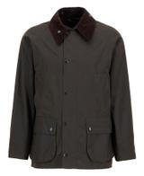 An olive Barbour Bedale waxed cotton jacket, shown from the front on a white background, with a dark brown corduroy collar, raglan sleeves, a snap-button front and two flap pockets.