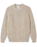 A flecked oatmeal waffle-knit crew neck jumper with raglan sleeves, a ribbed collar, cuffs and hem, and a small woven tag at the hem, laid flat on a white background.