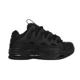 A single Osiris D3 2001 skate shoe in Black/Black/Black, shown in side profile on a white background, with chunky padded overlays around the lace loops, a mesh underlay and visible air windows in the heel and forefoot.
