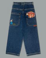 A pair of very wide-leg dark stonewash JNCO Tuffy jeans laid flat from the back on a pale grey background, with a cartoon boy patch and Tuffy logo on one back pocket and a large Tuffy label patch on the other.